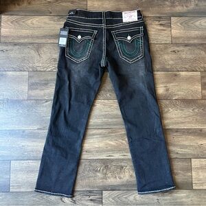 True Religion Men's Ricky Rope Stitch Flap Jeans Washed Black/Green Size 34x32